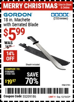 Harbor Freight Coupon GORDON 18 IN. MACHETE WITH SERRATED BLADE Lot No. 57951 Expired: 12/10/23 - $5.99