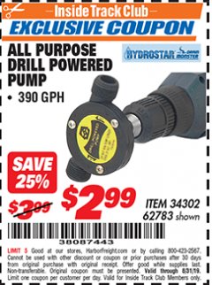 Harbor Freight ITC Coupon ALL PURPOSE DRILL POWERED PUMP Lot No. 62783 Expired: 8/31/19 - $2.99