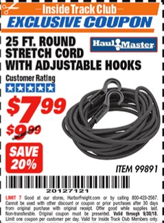 Harbor Freight ITC Coupon 25' ROUND STRECH CORD WITH ADJUSTABLE HOOKS Lot No. 99891 Expired: 9/30/18 - $7.99