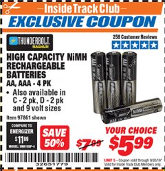 Harbor Freight ITC Coupon HIGH CAPACITY NIMH RECHARGEABLE BATTERIES (AA/AAA PACK OF 4, C/D PACK OF 2, 9V PACK OF 1) Lot No. 97866/97861/97864/97872/97865 Expired: 9/30/19 - $5.99