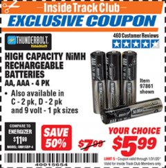 Harbor Freight ITC Coupon HIGH CAPACITY NIMH RECHARGEABLE BATTERIES (AA/AAA PACK OF 4, C/D PACK OF 2, 9V PACK OF 1) Lot No. 97866/97861/97864/97872/97865 Expired: 1/31/20 - $5.99