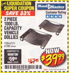 Harbor Freight Coupon 2 PIECE VEHICLE WHEEL DOLLIES 1000 LB. CAPACITY Lot No. 61283/67511 Expired: 6/30/18 - $39.99