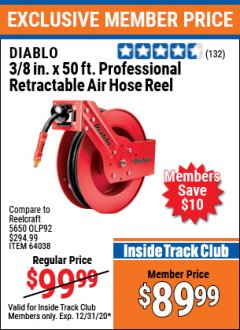 Harbor Freight ITC Coupon 3/8" X 50 FT. HEAVY DUTY RETRACTABLE AIR HOSE REEL Lot No. 64038 Expired: 12/31/20 - $89.99