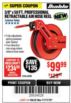 Harbor Freight Coupon 3/8" X 50 FT. HEAVY DUTY RETRACTABLE AIR HOSE REEL Lot No. 64038 Expired: 11/11/18 - $99.99