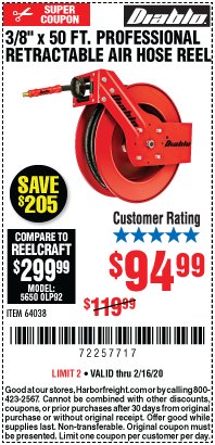 Harbor Freight Coupon 3/8" X 50 FT. HEAVY DUTY RETRACTABLE AIR HOSE REEL Lot No. 64038 Expired: 2/16/20 - $94.99