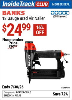 Harbor Freight ITC Coupon BANKS 18 GAUGE BRAD AIR NAILER Lot No. 64140 Valid Thru: 7/30/26 - $24.99
