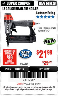 Harbor Freight Coupon BANKS 18 GAUGE BRAD AIR NAILER Lot No. 64140 Expired: 3/17/19 - $21.99