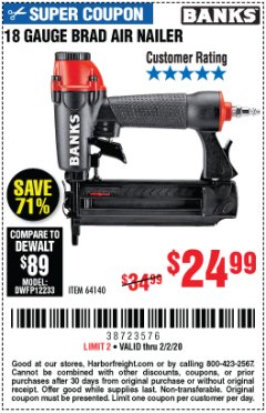 Harbor Freight Coupon BANKS 18 GAUGE BRAD AIR NAILER Lot No. 64140 Expired: 2/2/20 - $24.99