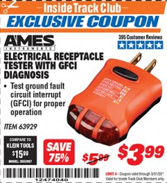 Harbor Freight ITC Coupon ELECTRICAL RECEPTACLE TESTER WITH GFCI DIAGNOSIS Lot No. 63919 Expired: 3/31/20 - $3.99