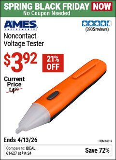 Harbor Freight Coupon AMES INSTRUMENTS NONCONTACT VOLTAGE TESTER Lot No. 63919 Expired: 4/12/26 - $3.92