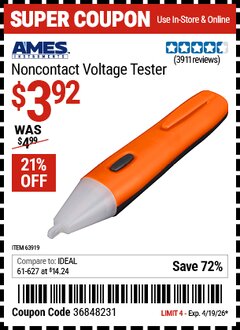 Harbor Freight Coupon AMES INSTRUMENTS NONCONTACT VOLTAGE TESTER Lot No. 63919 Expired: 4/19/26 - $3.92
