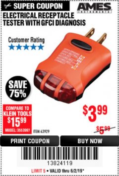 Harbor Freight Coupon ELECTRICAL RECEPTACLE TESTER WITH GFCI DIAGNOSIS Lot No. 63919 Expired: 6/2/19 - $3.99