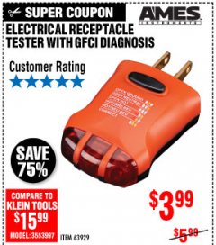 Harbor Freight Coupon ELECTRICAL RECEPTACLE TESTER WITH GFCI DIAGNOSIS Lot No. 63919 Expired: 8/11/19 - $3.99