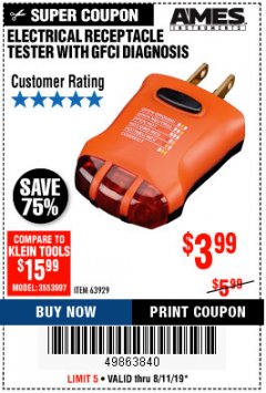 Harbor Freight Coupon AMES INSTRUMENTS NON-CONTACT VOLTAGE TESTER Lot No. 63919 Expired: 8/11/19 - $3.99