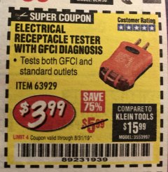 Harbor Freight Coupon ELECTRICAL RECEPTACLE TESTER WITH GFCI DIAGNOSIS Lot No. 63919 Expired: 8/31/19 - $3.99