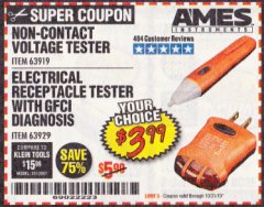 Harbor Freight Coupon AMES INSTRUMENTS NON-CONTACT VOLTAGE TESTER Lot No. 63919 Expired: 10/31/19 - $3.99