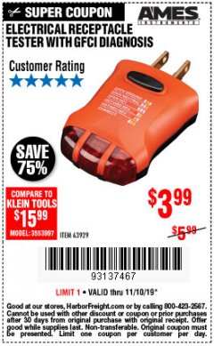 Harbor Freight Coupon ELECTRICAL RECEPTACLE TESTER WITH GFCI DIAGNOSIS Lot No. 63919 Expired: 11/10/19 - $3.99