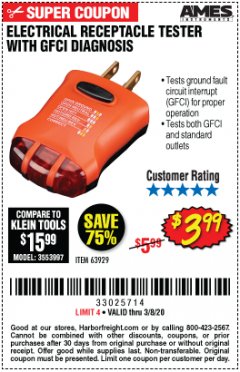 Harbor Freight Coupon ELECTRICAL RECEPTACLE TESTER WITH GFCI DIAGNOSIS Lot No. 63919 Expired: 3/8/20 - $3.99