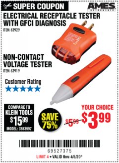 Harbor Freight Coupon AMES INSTRUMENTS NON-CONTACT VOLTAGE TESTER Lot No. 63919 Expired: 6/30/20 - $3.99