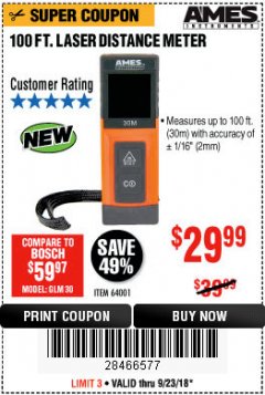 Harbor Freight Coupon 100FT. LASER DISTANCE METER Lot No. 64001 Expired: 9/23/18 - $29.99