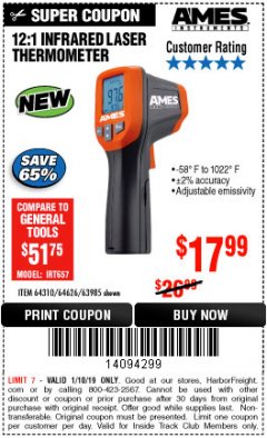 Harbor Freight ITC Coupon AMES INSTRUMENTS 12:1 INFRARED LASER THERMOMETER Lot No. 63985 Expired: 1/10/19 - $17.99