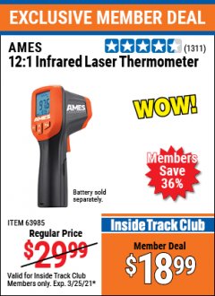Harbor Freight ITC Coupon AMES INSTRUMENTS 12:1 INFRARED LASER THERMOMETER Lot No. 63985 Expired: 3/25/21 - $18.99