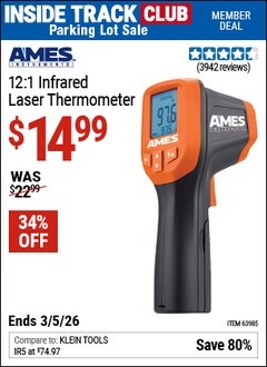 Harbor Freight ITC Coupon AMES INSTRUMENTS 12:1 INFRARED LASER THERMOMETER Lot No. 63985 Expired: 3/5/26 - $14.99