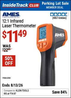 Harbor Freight ITC Coupon AMES INSTRUMENTS 12:1 INFRARED LASER THERMOMETER Lot No. 63985 Valid Thru: 8/13/26 - $11.49