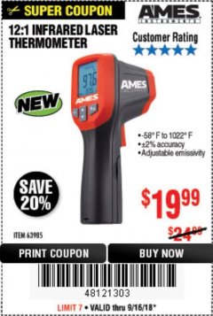 Harbor Freight Coupon AMES INSTRUMENTS 12:1 INFRARED LASER THERMOMETER Lot No. 63985 Expired: 9/16/18 - $19.99