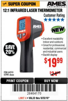Harbor Freight Coupon AMES INSTRUMENTS 12:1 INFRARED LASER THERMOMETER Lot No. 63985 Expired: 9/23/18 - $19.99