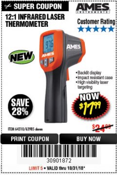 Harbor Freight Coupon 12:1 INFRARED LASER THERMOMETER Lot No. 64310/64626/63985 Expired: 10/31/18 - $17.99