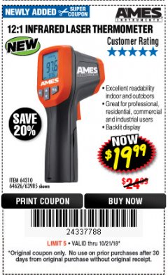 Harbor Freight Coupon AMES INSTRUMENTS 12:1 INFRARED LASER THERMOMETER Lot No. 63985 Expired: 10/21/18 - $19.99