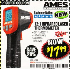 Harbor Freight Coupon 12:1 INFRARED LASER THERMOMETER Lot No. 64310/64626/63985 Expired: 11/30/18 - $17.99