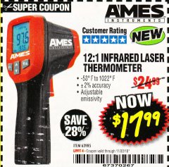 Harbor Freight Coupon AMES INSTRUMENTS 12:1 INFRARED LASER THERMOMETER Lot No. 63985 Expired: 11/30/18 - $17.99