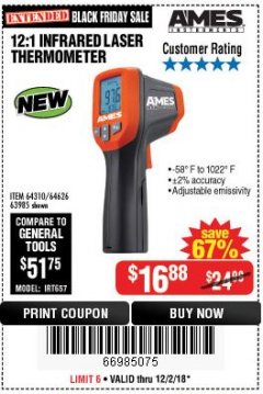 Harbor Freight Coupon AMES INSTRUMENTS 12:1 INFRARED LASER THERMOMETER Lot No. 63985 Expired: 12/2/18 - $16.88