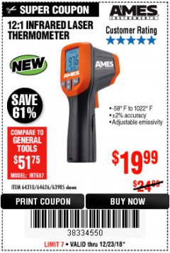 Harbor Freight Coupon 12:1 INFRARED LASER THERMOMETER Lot No. 64310/64626/63985 Expired: 12/23/18 - $19.99