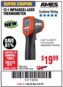 Harbor Freight Coupon AMES INSTRUMENTS 12:1 INFRARED LASER THERMOMETER Lot No. 63985 Expired: 2/4/19 - $19.99