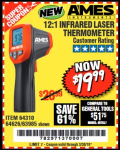 Harbor Freight Coupon 12:1 INFRARED LASER THERMOMETER Lot No. 64310/64626/63985 Expired: 3/30/19 - $19.99