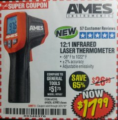 Harbor Freight Coupon AMES INSTRUMENTS 12:1 INFRARED LASER THERMOMETER Lot No. 63985 Expired: 3/31/19 - $17.99