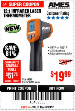 Harbor Freight Coupon 12:1 INFRARED LASER THERMOMETER Lot No. 64310/64626/63985 Expired: 3/3/19 - $19.99