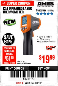 Harbor Freight Coupon AMES INSTRUMENTS 12:1 INFRARED LASER THERMOMETER Lot No. 63985 Expired: 3/3/19 - $19.99