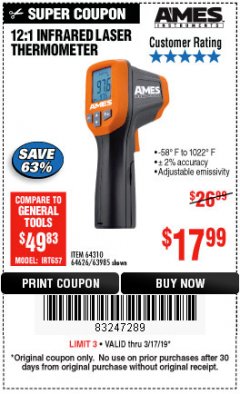 Harbor Freight Coupon AMES INSTRUMENTS 12:1 INFRARED LASER THERMOMETER Lot No. 63985 Expired: 3/17/19 - $17.99