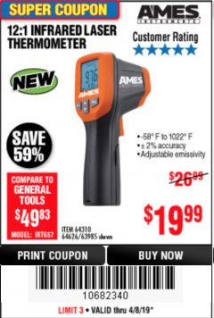 Harbor Freight Coupon 12:1 INFRARED LASER THERMOMETER Lot No. 64310/64626/63985 Expired: 4/8/19 - $19.99