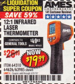 Harbor Freight Coupon AMES INSTRUMENTS 12:1 INFRARED LASER THERMOMETER Lot No. 63985 Expired: 5/31/19 - $19.99
