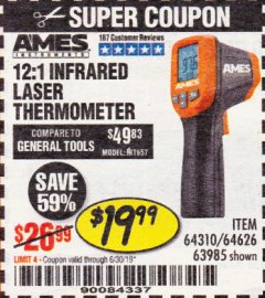 Harbor Freight Coupon 12:1 INFRARED LASER THERMOMETER Lot No. 64310/64626/63985 Expired: 6/30/19 - $19.99