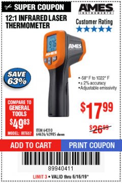 Harbor Freight Coupon 12:1 INFRARED LASER THERMOMETER Lot No. 64310/64626/63985 Expired: 6/16/19 - $17.99