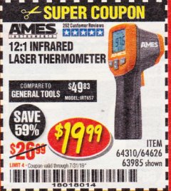 Harbor Freight Coupon 12:1 INFRARED LASER THERMOMETER Lot No. 64310/64626/63985 Expired: 7/31/19 - $19.99