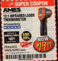 Harbor Freight Coupon AMES INSTRUMENTS 12:1 INFRARED LASER THERMOMETER Lot No. 63985 Expired: 7/31/19 - $19.99