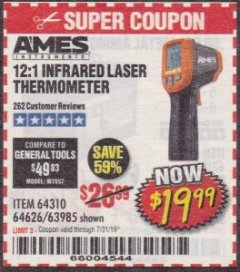 Harbor Freight Coupon AMES INSTRUMENTS 12:1 INFRARED LASER THERMOMETER Lot No. 63985 Expired: 7/31/19 - $19.99
