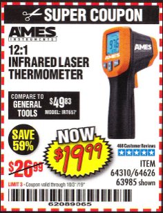 Harbor Freight Coupon 12:1 INFRARED LASER THERMOMETER Lot No. 64310/64626/63985 Expired: 10/31/19 - $19.99